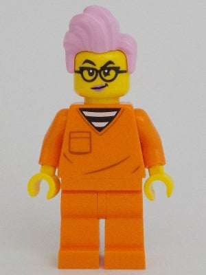 Preowned LEGO® Minifigure – Town cty1702 Police - City Jail Prisoner Female, Orange Prison Jumpsuit, Bright Pink Hair