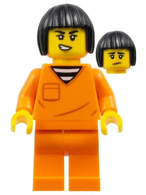 Preowned LEGO® Minifigure – Town cty1704 Police - City Jail Prisoner Female, Orange Prison Jumpsuit, Black Bob Cut Hair S