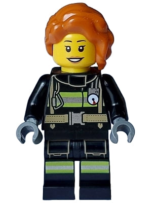 Preowned LEGO® Minifigure – Town cty1713 Fire - Female, Black Jacket and Legs with Reflective Stripes, Dark Orange Hair