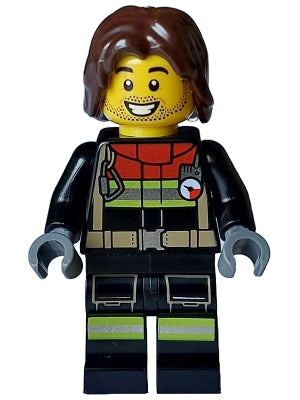 Preowned LEGO® Minifigure – Town cty1714 Fire - Male, Black Jacket and Legs with Reflective Stripes and Red Collar, Dark