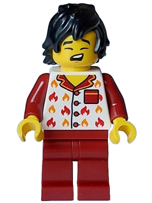 Preowned LEGO® Minifigure – Town cty1717 Fire - Male, White Jacket with Flames, Dark Red Legs, Black Tousled Hair