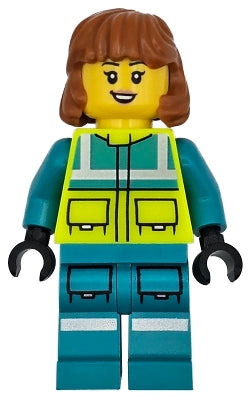 Preowned LEGO® Minifigure – Town cty1720 Ambulance Driver - Female, Dark Turquoise and Neon Yellow Safety Vest, Legs with