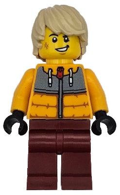 Preowned LEGO® Minifigure – Town cty1721 Snowboarder - Male, Bright Light Orange Jacket, Dark Red Legs, Tan Tousled Hair,