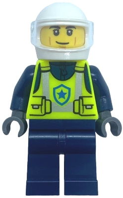 Preowned LEGO® Minifigure – Town cty1730 Police - City Officer Male, Neon Yellow Safety Vest, White Helmet, Trans-Clear V