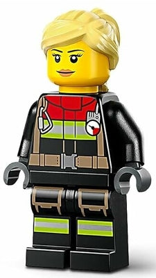 Preowned LEGO® Minifigure – Town cty1731 Fire - Female, Black Jacket and Legs with Reflective Stripes and Red Collar, Bri