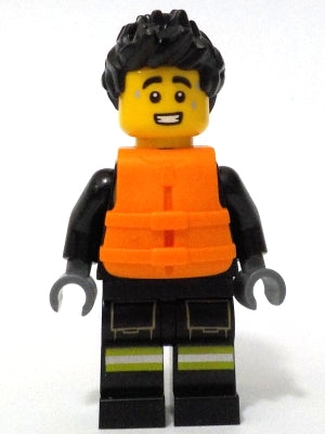 Preowned LEGO® Minifigure – Town cty1733 Fire - Male, Black Jacket and Legs with Reflective Stripes, Black Spiked Hair, O