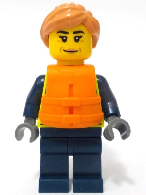 Preowned LEGO® Minifigure – Town cty1736 Police - City Officer Female, Neon Yellow Safety Vest, Orange Life Jacket, Nouga