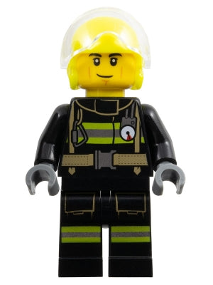 Preowned LEGO® Minifigure – Town cty1739 Fire - Male, Helicopter Pilot, Black Jacket and Legs with Reflective Stripes, Ne