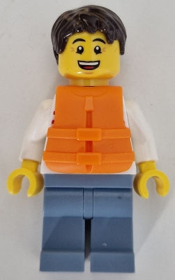 Preowned LEGO® Minifigure – Town cty1741 Sailboat Driver - Male, White Sweater with Red Horizontal Stripes, Sand Blue Leg