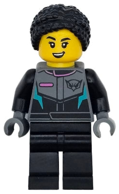 Preowned LEGO® Minifigure – Town cty1742 Race Car Driver - Female, Racing Suit with Hawk Head Logo, Black Legs, Black Bra