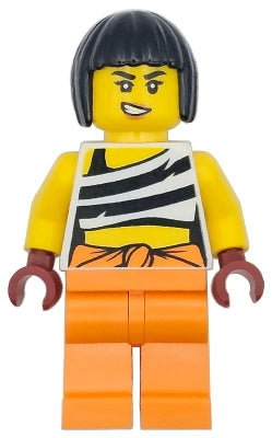 Preowned LEGO® Minifigure – Town cty1744 Police - City Bandit Crook Female, White Tank Top Cropped with Black Stripes, Or