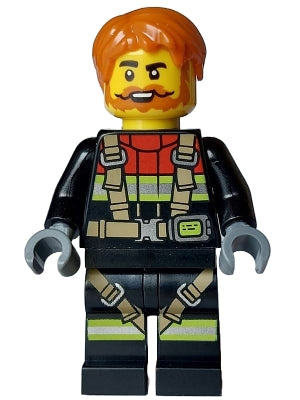 Preowned LEGO® Minifigure – Town cty1746 Fire - Male, Black Jacket and Legs with Reflective Stripes, Harness and Red Coll