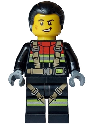 Preowned LEGO® Minifigure – Town cty1747 Fire - Male, Black Jacket and Legs with Reflective Stripes, Harness and Red Coll