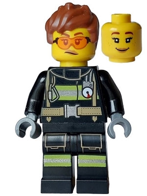Preowned LEGO® Minifigure – Town cty1748 Fire - Female, Black Jacket and Legs with Reflective Stripes, Reddish Brown Mess