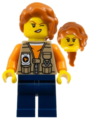 Preowned LEGO® Minifigure – Town cty1766 Jungle Photographer - Female, Dark Tan Vest over Orange Shirt, Dark Blue Legs, D