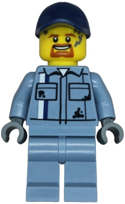 Preowned LEGO® Minifigure – Town cty1773 Tow Truck Driver - Male, Sand Blue Mechanic Shirt, Sand Blue Legs, Dark Blue Cap