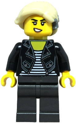Preowned LEGO® Minifigure – Town cty1774 Sports Car Driver - Female, Black Leather Jacket over Shirt with White Stripes,