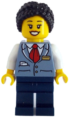 Preowned LEGO® Minifigure – Town cty1781 Tram Driver - Female, Sand Blue Vest, Dark Blue Legs, Black Hair