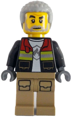 Preowned LEGO® Minifigure – Town cty1783 Fire - Male, Black Open Jacket with Reflective Stripes and Red Collar, Dark Tan