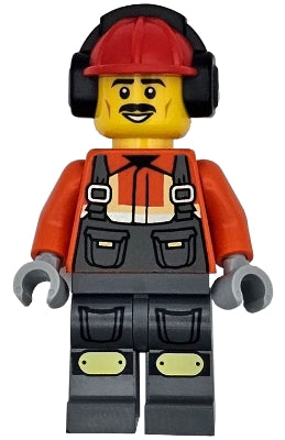 Preowned LEGO® Minifigure – Town cty1787 Construction Worker - Male, Reddish Orange Safety Jacket, Reflective Stripe, Dar