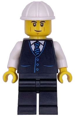 Preowned LEGO® Minifigure – Town cty1788 Construction Engineer / Architect - Male, Black Vest with Blue Striped Tie, Blac