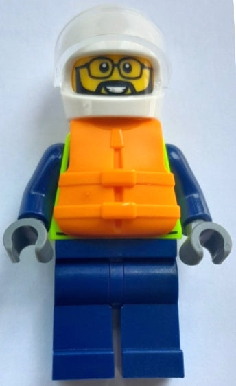 Preowned LEGO® Minifigure – Town cty1790 Police - City Officer Male, Neon Yellow Safety Vest, Life Jacket, White Helmet,