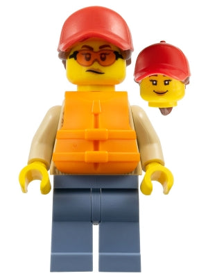 Preowned LEGO® Minifigure – Town cty1793 Woman - Red Cap, Reddish Brown Ponytail, Orange Life Jacket, Sand Blue Legs