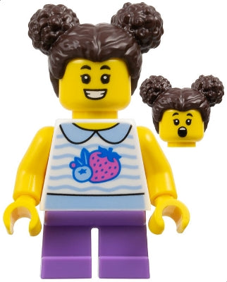 Preowned LEGO® Minifigure – Town cty1797 Child - Girl, White Collared Shirt with Fruit, Medium Lavender Short Legs, Dark