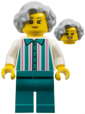 Preowned LEGO® Minifigure – Town cty1798 Harbor Shop Worker - Female, Light Bluish Gray Hair, White Shirt with Stripes
