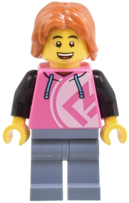Preowned LEGO® Minifigure – Town cty1807 Robot World Patron - Male, Dark Pink Hoodie, Sand Blue Legs, Dark Orange Hair