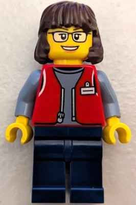 Preowned LEGO® Minifigure – Town cty1809 Forklift Driver - Female, Red Vest over Sand Blue Shirt, Dark Blue Legs, Dark Br