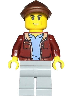 Preowned LEGO® Minifigure – Town cty1815 Car Transporter Driver - Male, Dark Red Jacket, Light Bluish Gray Legs, Reddish