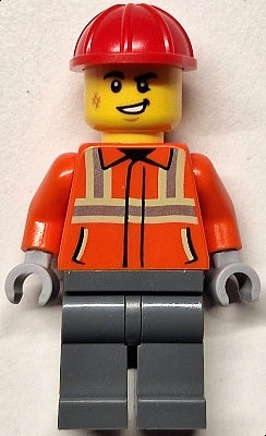 Preowned LEGO® Minifigure – Town cty1817 Construction Worker - Male, Reddish Orange Safety Jacket with Reflective Stripes