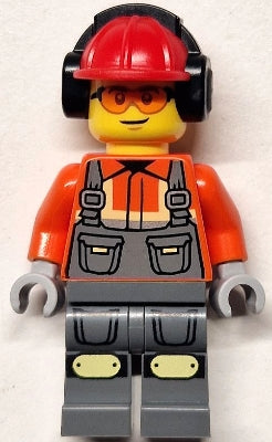 Preowned LEGO® Minifigure – Town cty1819 Construction Worker - Male, Reddish Orange Safety Jacket, Reflective Stripe, Dar