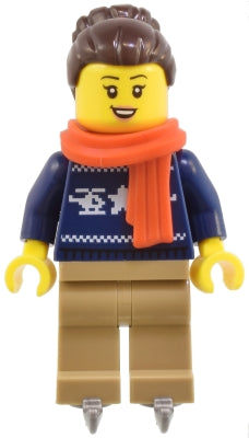 Preowned LEGO® Minifigure – Town cty1824 Woman - Dark Blue Holiday Sweater, Dark Tan Legs, Dark Brown Hair with Bun, Red