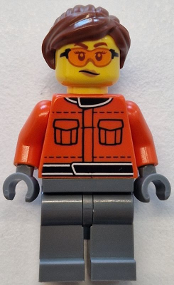Preowned LEGO® Minifigure – Town cty1841 (Formula 1 Race Crew Member - Female, Reddish Orange Racing Suit with Pockets, Dark 