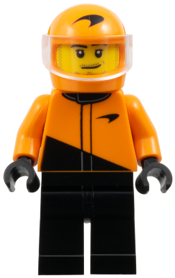 Preowned LEGO® Minifigure – Town cty1846 (Formula 1 Driver, McLaren - Male, Black and Orange Racing Suit, Orange Helmet, Tran