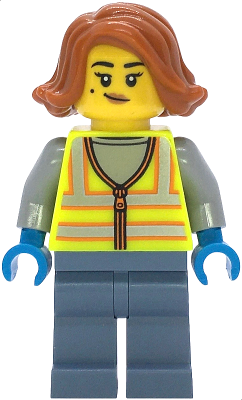 Preowned LEGO® Minifigure – Town cty1859 (Scrapyard Worker - Female, Neon Yellow Safety Vest with Reflective Stripes, Sand Bl