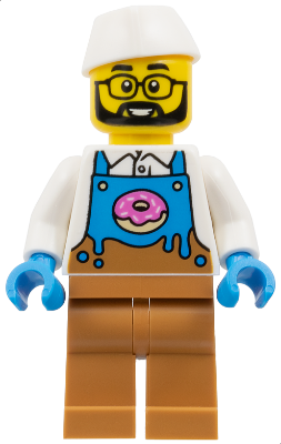 Preowned LEGO® Minifigure – Town cty1860 (Donut Truck Vendor - Male, Dark Azure and Medium Nougat Apron with Donut over White
