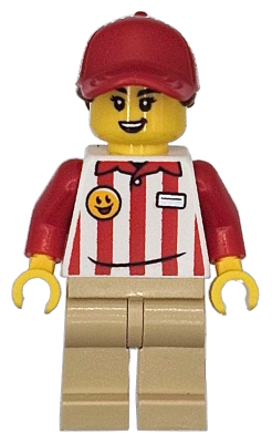 Preowned LEGO® Minifigure – Town cty1868 (Hot Dog Soapbox Race Car Driver (Vendor) - Female, Red and White Striped Shirt, Tan