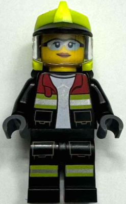 Preowned LEGO® Minifigure – Town cty1873 (Fire - Female, Black Open Jacket and Legs with Reflective Stripes and Red Collar, N