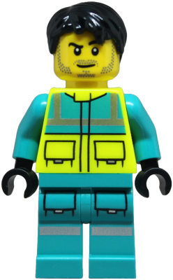 Preowned LEGO® Minifigure – Town cty1877 (Paramedic - Male, Dark Turquoise and Neon Yellow Safety Vest, Legs with Silver Refl