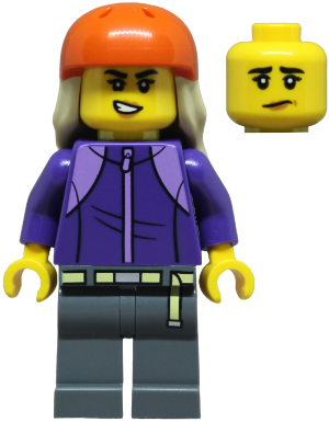 Preowned LEGO® Minifigure – Town cty1878 (Skateboarder - Female, Dark Purple Tracksuit, Dark Bluish Gray Legs, Reddish Orange