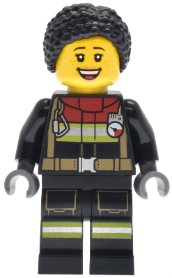 Preowned LEGO® Minifigure – Town cty1883 (Fire - Female, Black Jacket and Legs with Reflective Stripes and Red Collar, Black 