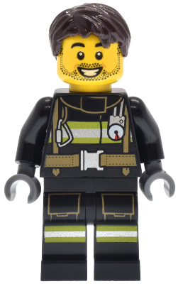 Preowned LEGO® Minifigure – Town cty1884 (Fire - Male, Black Jacket and Legs with Reflective Stripes, Dark Brown Hair, Stubbl