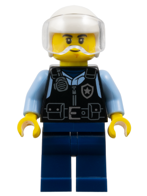 Preowned LEGO® Minifigure – Town cty1886 (Police - City Officer Male, Black Safety Vest with Silver Star Badge Logo, Dark Blu