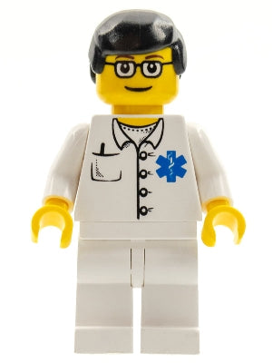 LEGO® Minifigure Town doc032 Doctor - EMT Star of Life Button Shirt, White Legs, Black Male Hair, Glasses