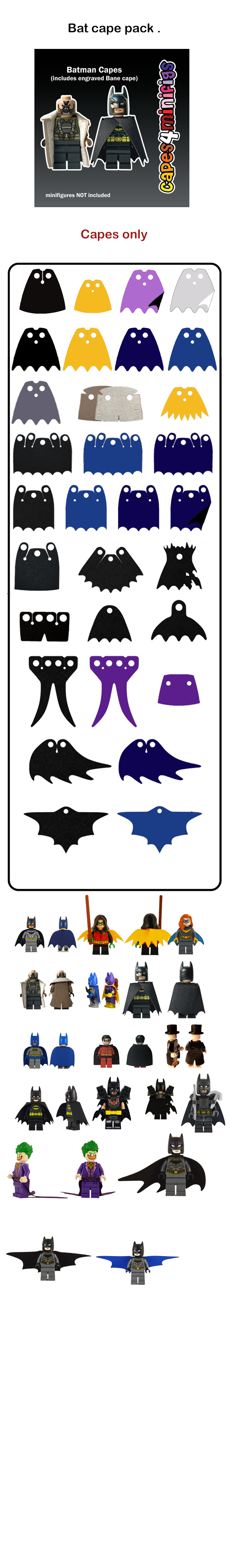 Batman themed custom LEGO minifigure cape pack, 33 piece assorted set