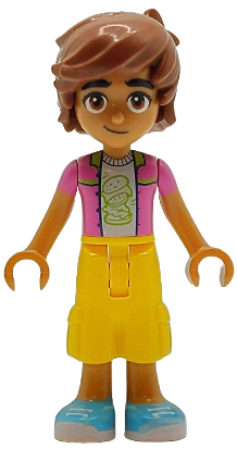 Preowned LEGO® Minifigure – Friends frnd0790 (Friends Leo - Dark Pink Jacket, White Shirt with Hamburger, Yellow Cropped Trou