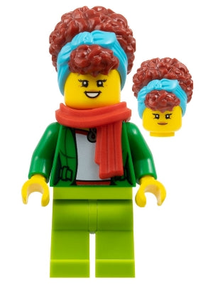 Preowned LEGO® Minifigure – FIRST LEGO League fst035 Woman - Green Jacket, Lime Legs, Medium Azure Head Wrap, Dark Red Hair, 